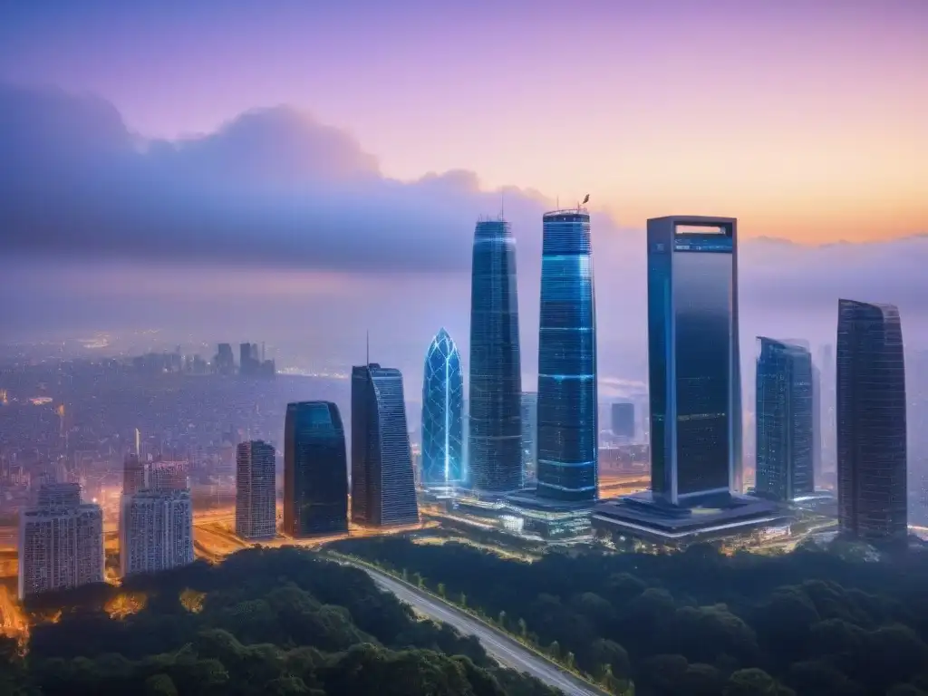Innovación y colaboración en ciudad futurista postpandemia Vista futurista de la ciudad al anochecer con profesionales debatiendo sobre regulaciones en financiamiento inmobiliario postpandemia