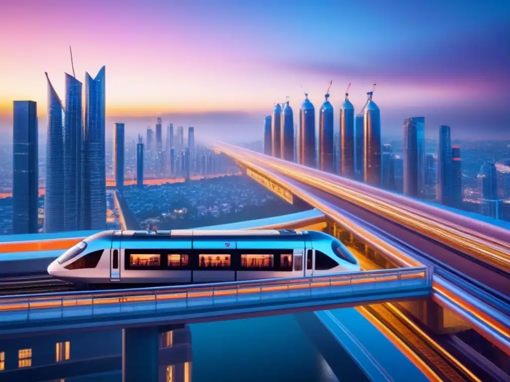 Metrópolis futurista: luces, trenes y rascacielos 8k Vista futurista de la ciudad al anochecer con rascacielos, trenes y luces de neón
