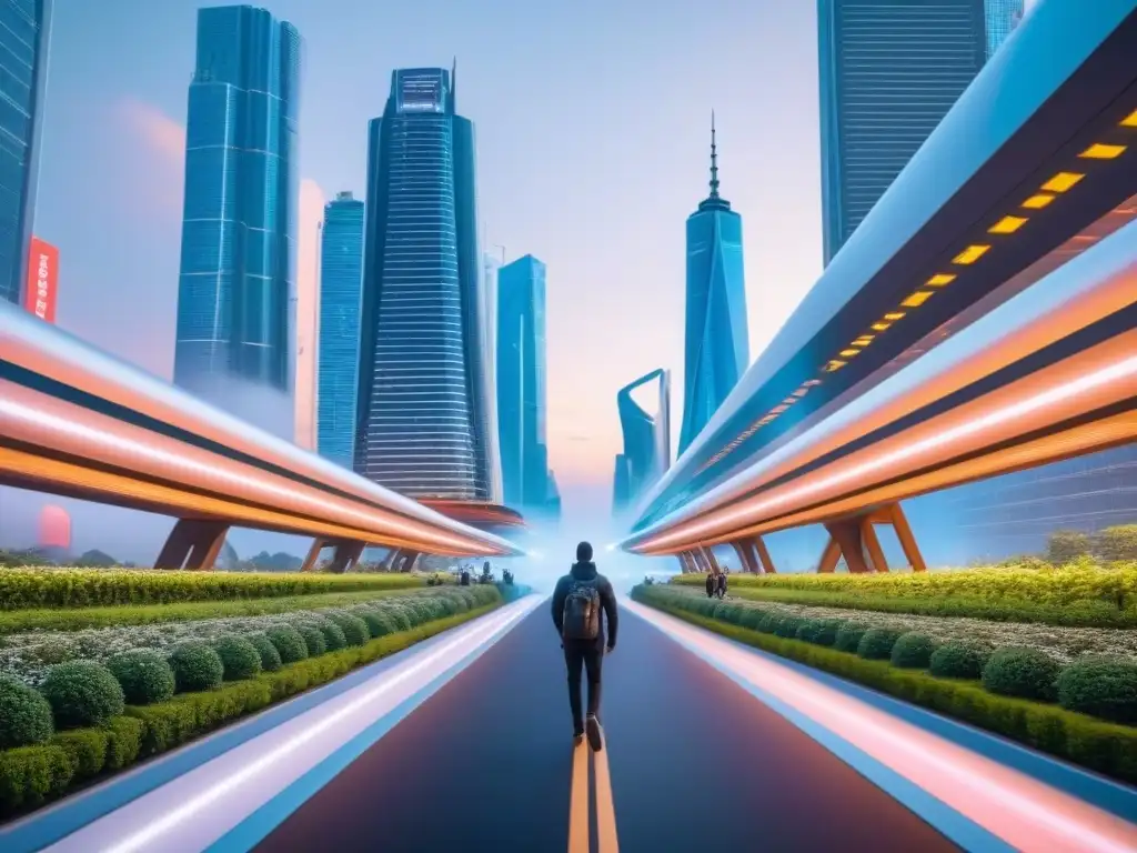 Metrópolis futurista: rascacielos, tecnología y naturaleza en 8k Vista futurista de ciudad con rascacielos modernos, tecnología avanzada y áreas verdes, reflejando las tendencias mercado inmobiliario tecnología