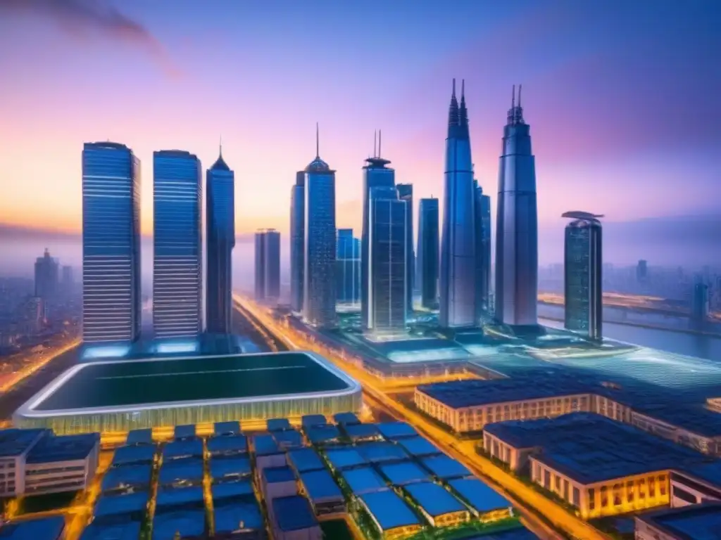 Metrópolis futurista con drones AI en atardecer Vista futurista de ciudad al anochecer, con rascacielos iluminados y drones IA en paisaje urbano avanzado
