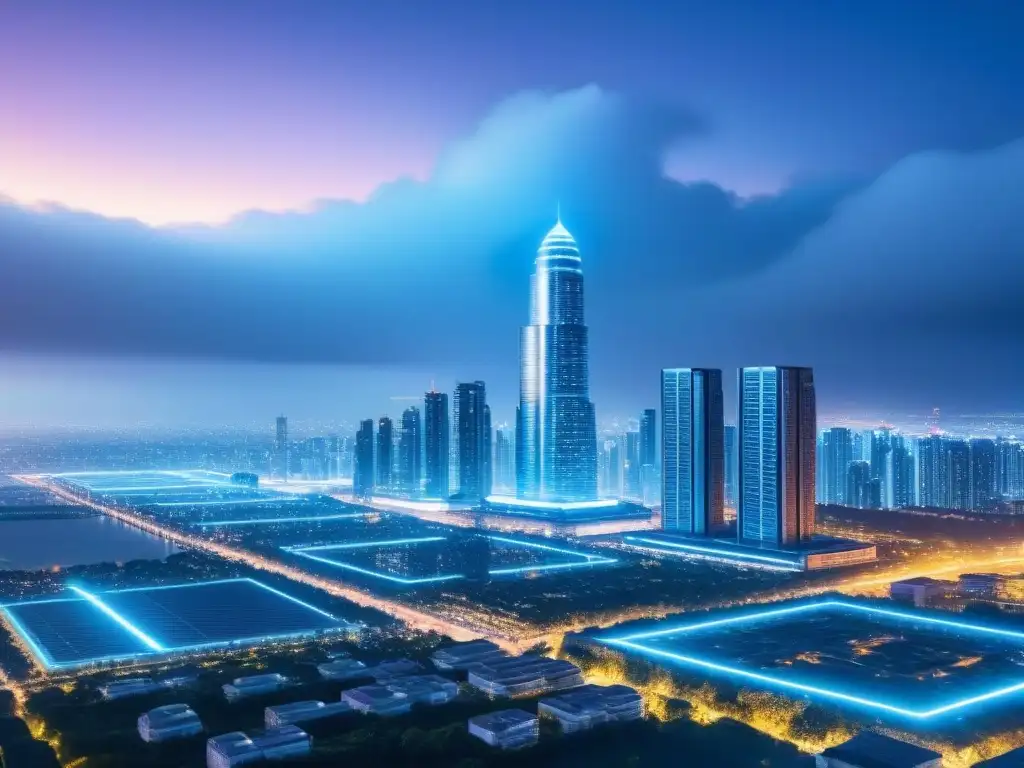 Metrópolis futurista: contratos inteligentes en bienes raíces Vista futurista de una ciudad con rascacielos modernos, contratos inteligentes en transacciones inmobiliarias