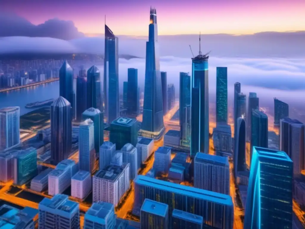 Vista futurista de la ciudad con rascacielos interconectados por tecnología Blockchain, resaltando la inversión inmobiliaria con Blockchain