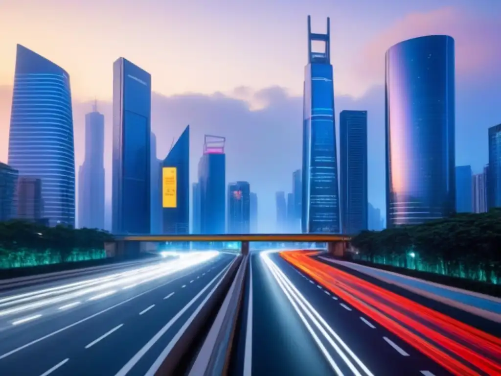 Metrópolis futurista: transparencia tecnológica en préstamos inmobiliarios Vista futurista de la ciudad al anochecer con rascacielos iluminados y autos autónomos, mostrando la automatización en préstamos inmobiliarios