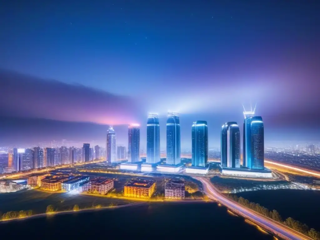 Metrópolis futurista: mercado inmobiliario digital en constante evolución Vista futurista de ciudad con rascacielos conectados e iluminados por luces de neón en un cielo estrellado