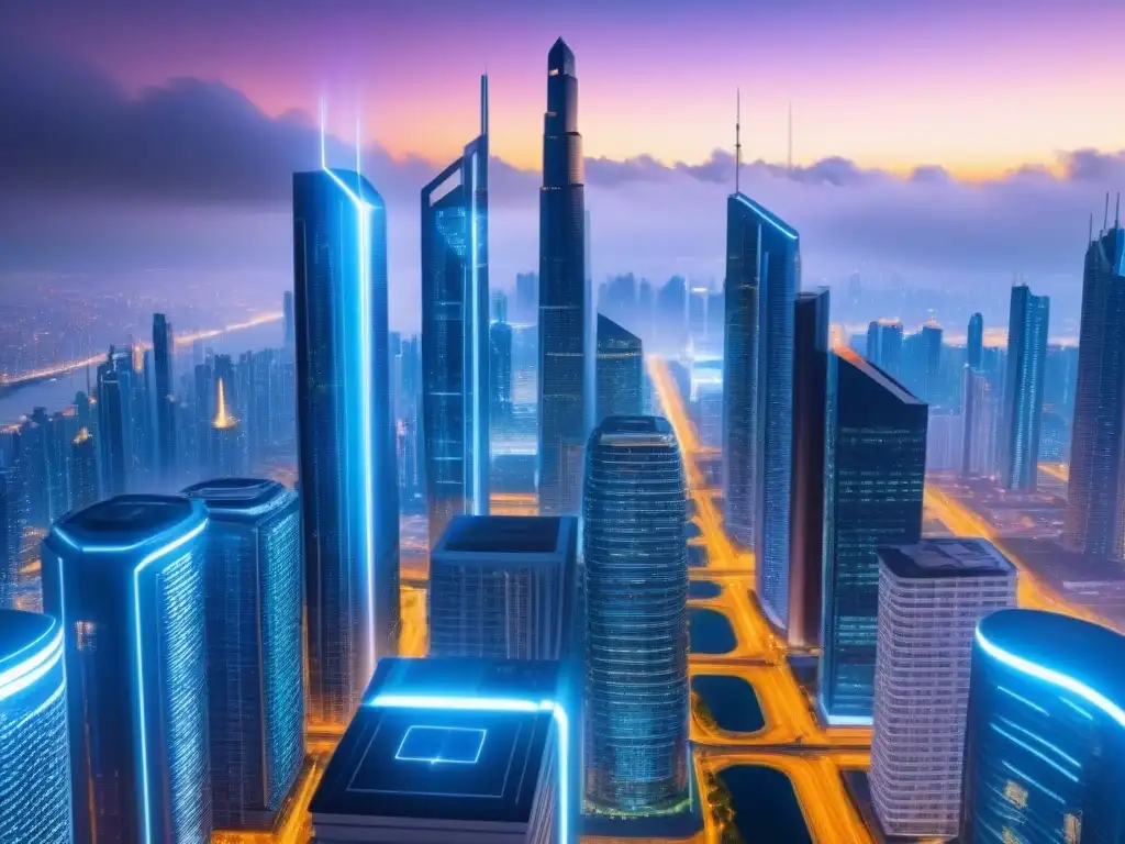 Metrópolis futurista: revolución blockchain en bienes raíces Vista futurista de ciudad con rascacielos integrando blockchain en financiamiento inmobiliario