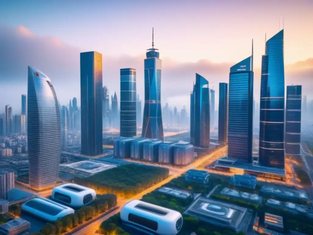 Inversión inmobiliaria: Futurismo AI en la ciudad Vista futurista de una ciudad con rascacielos modernos y drones AI, ilustrando Acceso financiamiento inmobiliario IA