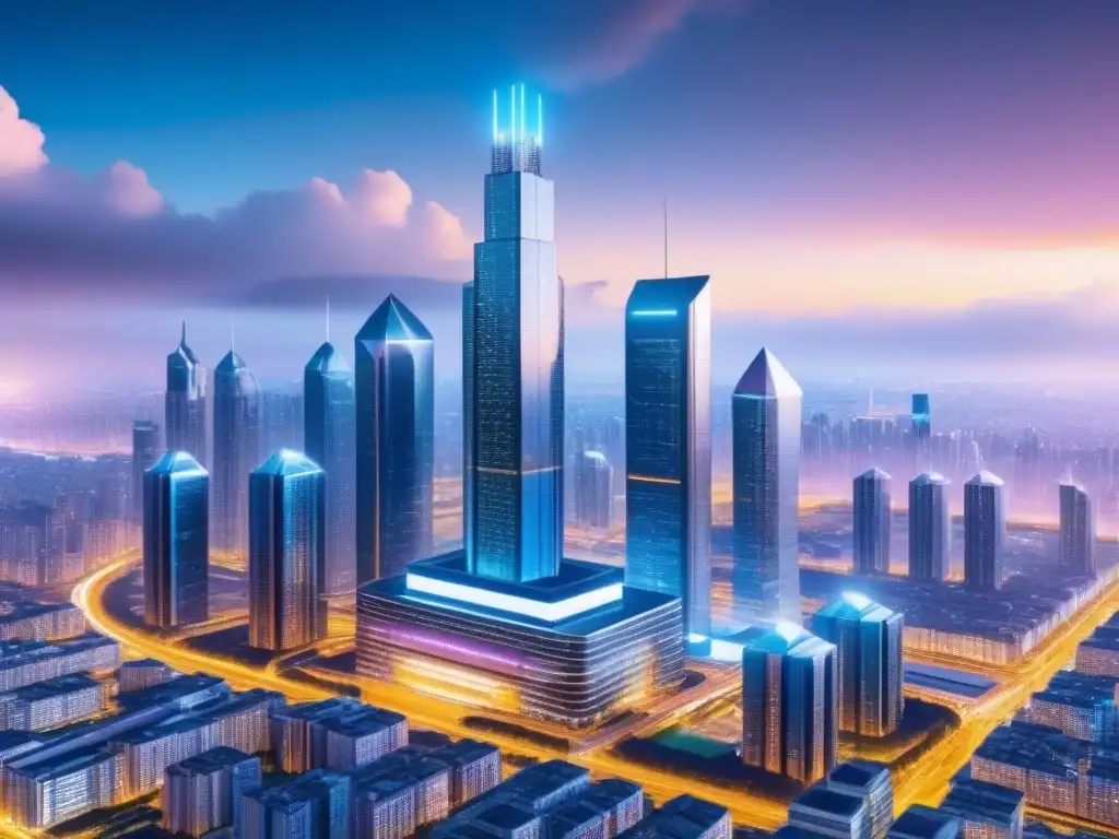 Metrópolis futurista: blockchain revoluciona bienes raíces Vista futurista de ciudad con rascacielos integrando Blockchain en financiamiento inmobiliario