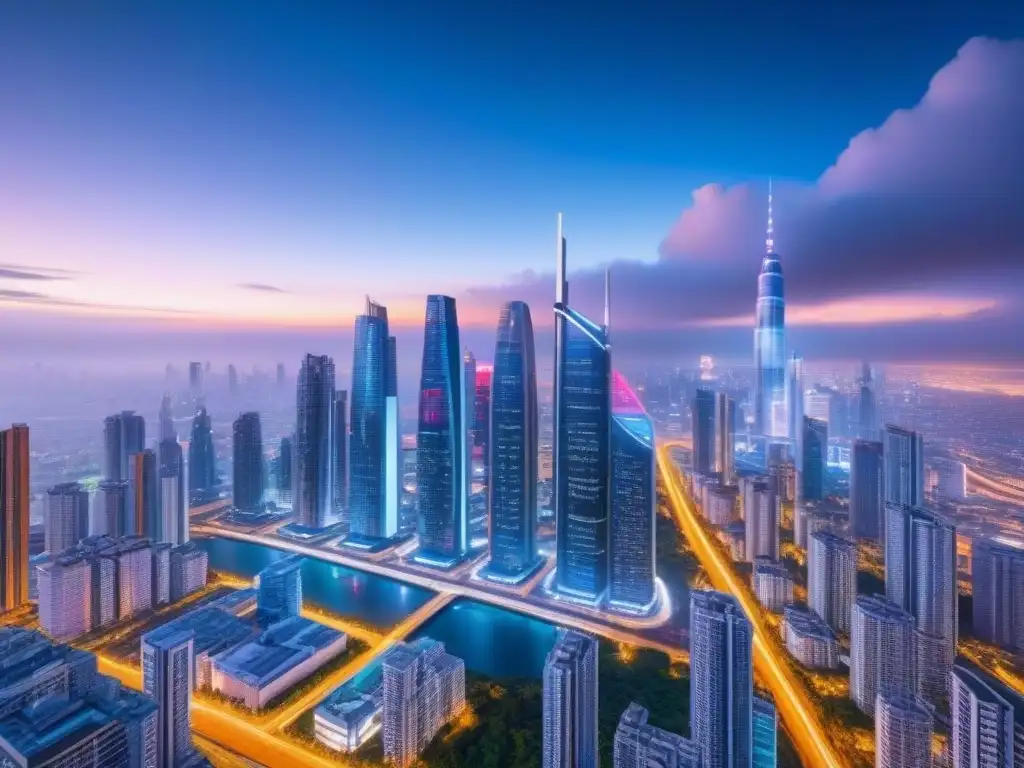 Metrópolis futurista: tecnología punta en evaluación de préstamos inmobiliarios Vista futurista de la ciudad al anochecer con rascacielos iluminados y pantallas holográficas proyectando datos financieros