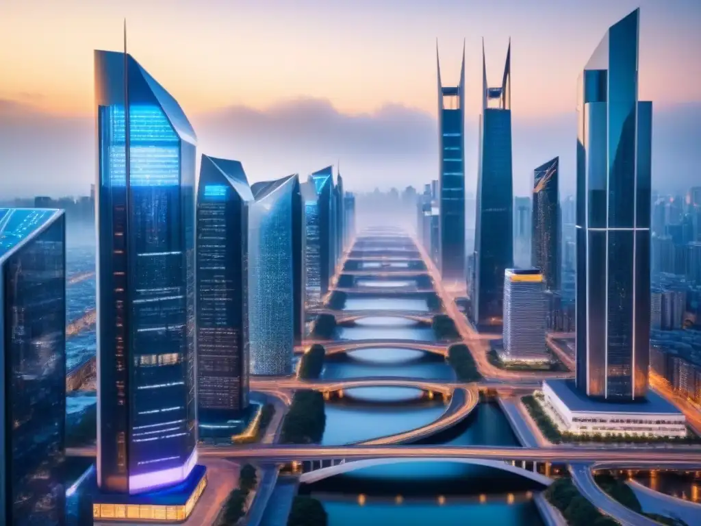 Innovadora ciudad futurista con blockchain en bienes raíces Vista futurista de ciudad con rascacielos conectados y tecnología avanzada, integrando Blockchain en financiamiento inmobiliario