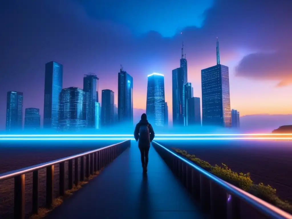 Horizonte futurista: arquitectura blockchain y luces neón Vista futurista de una ciudad al anochecer, con rascacielos modernos y red de blockchain brillante