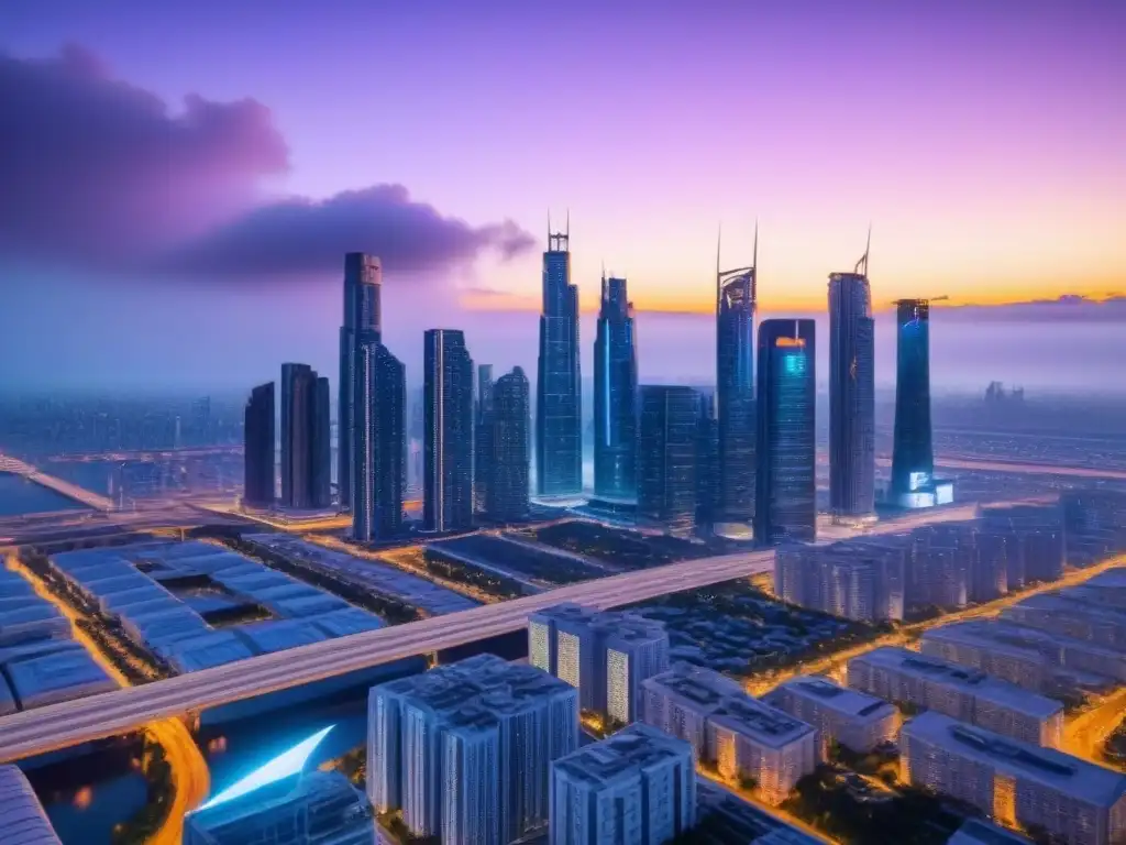 Metrópolis futurista: avance tecnológico y luminosidad Vista futurista de una ciudad al anochecer con rascacielos iluminados y avanzados sistemas de transporte, como autos voladores y drones