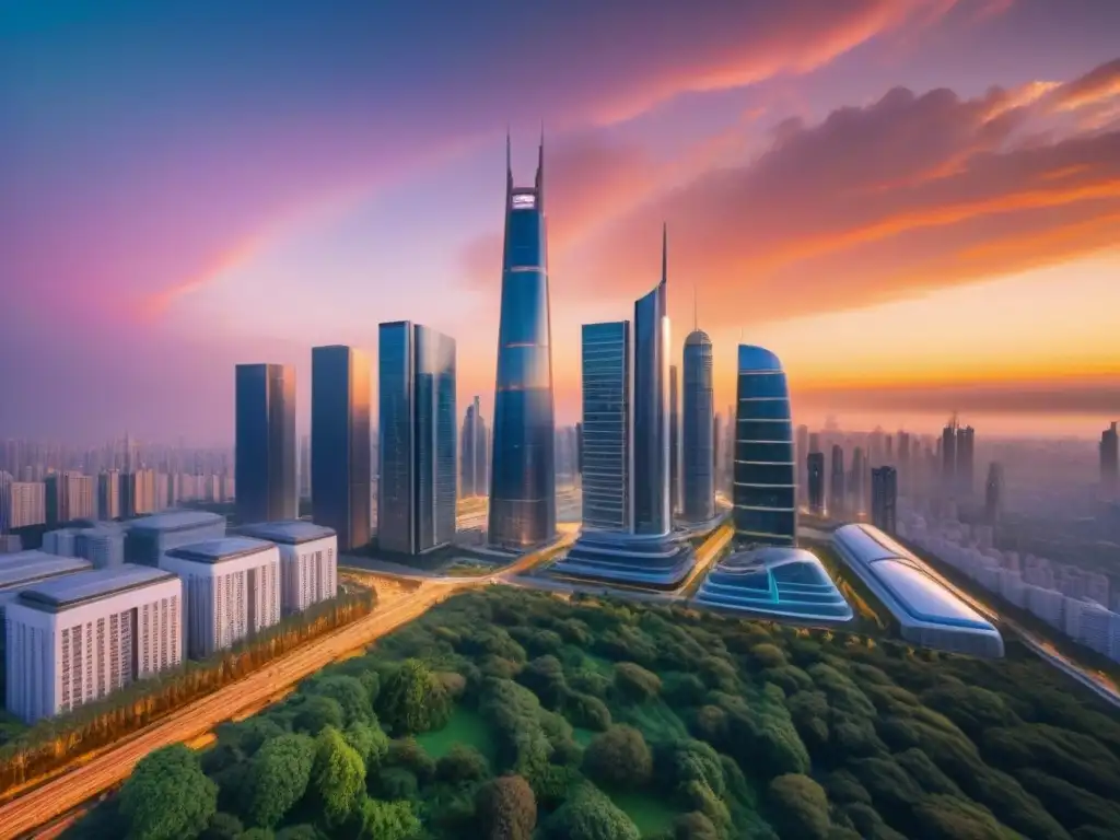 Metrópolis futurista: armonía entre tecnología y naturaleza Vista futurista de ciudad con rascacielos modernos rodeados de vegetación, mostrando tecnología y naturaleza en armonía