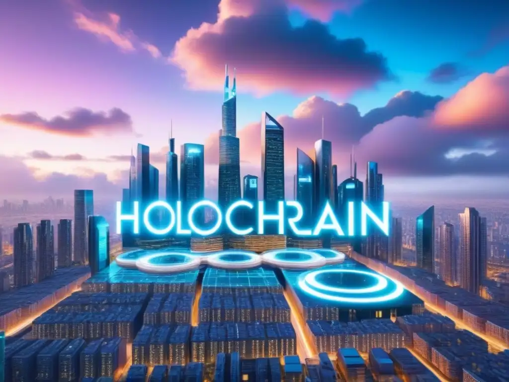 Metrópolis futurista: Realidad blockchain en la industria inmobiliaria Vista futurista de una ciudad con rascacielos de cristal conectados por datos de blockchain, hologramas de títulos inmobiliarios