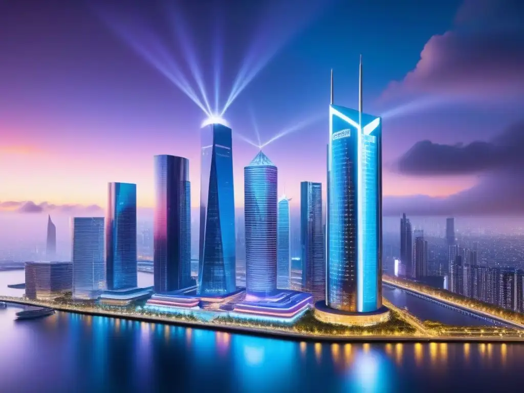 Metrópolis Futurista: Sinergia IA y Finanzas Inmobiliarias Vista futurista de la ciudad con rascacielos conectados mostrando el impacto de la inteligencia artificial en finanzas inmobiliarias