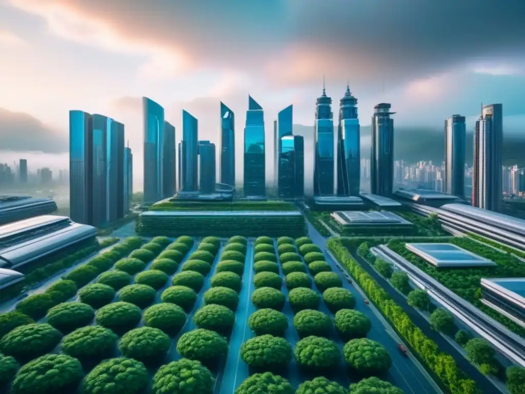 Ciudad futurista: Fusión de naturaleza y tecnología en 8k Vista futurista de una ciudad con rascacielos y vegetación, integrando tecnología avanzada y drones