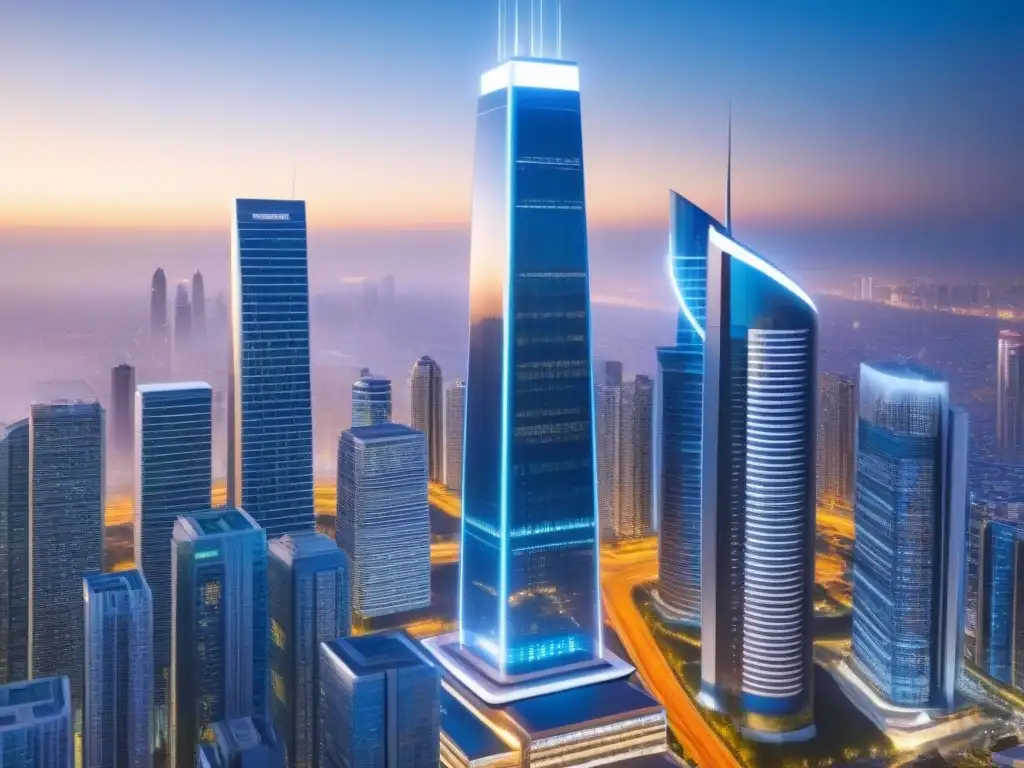 Metrópolis futurista: Fintech revoluciona préstamos inmobiliarios Vista futurista de una ciudad con rascacielos innovadores y tecnología avanzada, reflejando la revolución de Fintech en préstamos inmobiliarios