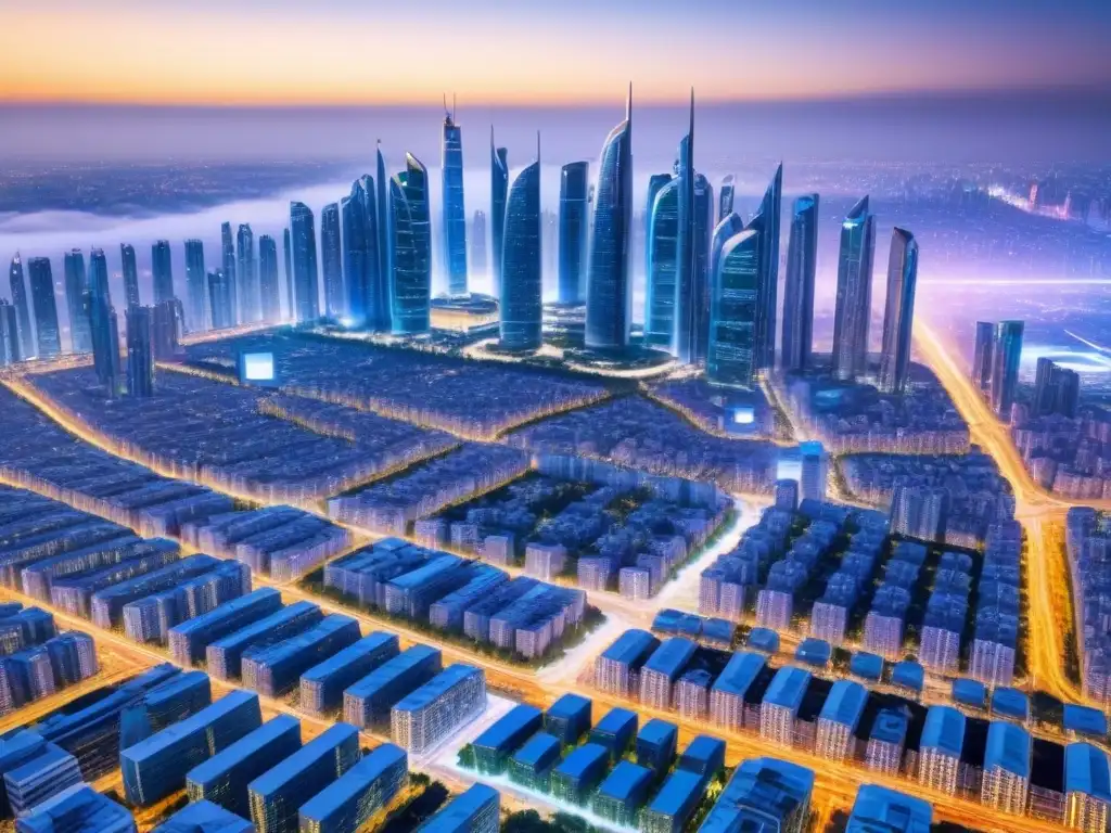Vista futurista de la ciudad con rascacielos y sistemas de transporte avanzados, reflejando innovación en aplicaciones inmobiliarias