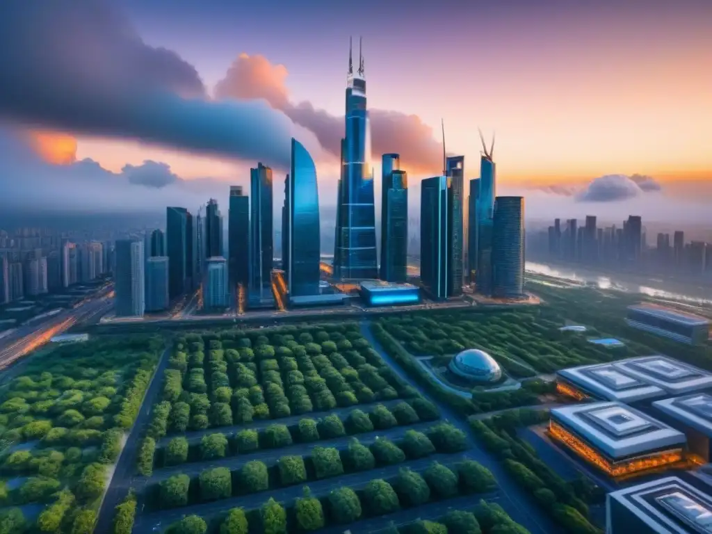 Vista futurista de la ciudad con rascacielos, pantallas digitales de tasas de interés y logotipos Fintech, integrando tecnología y naturaleza