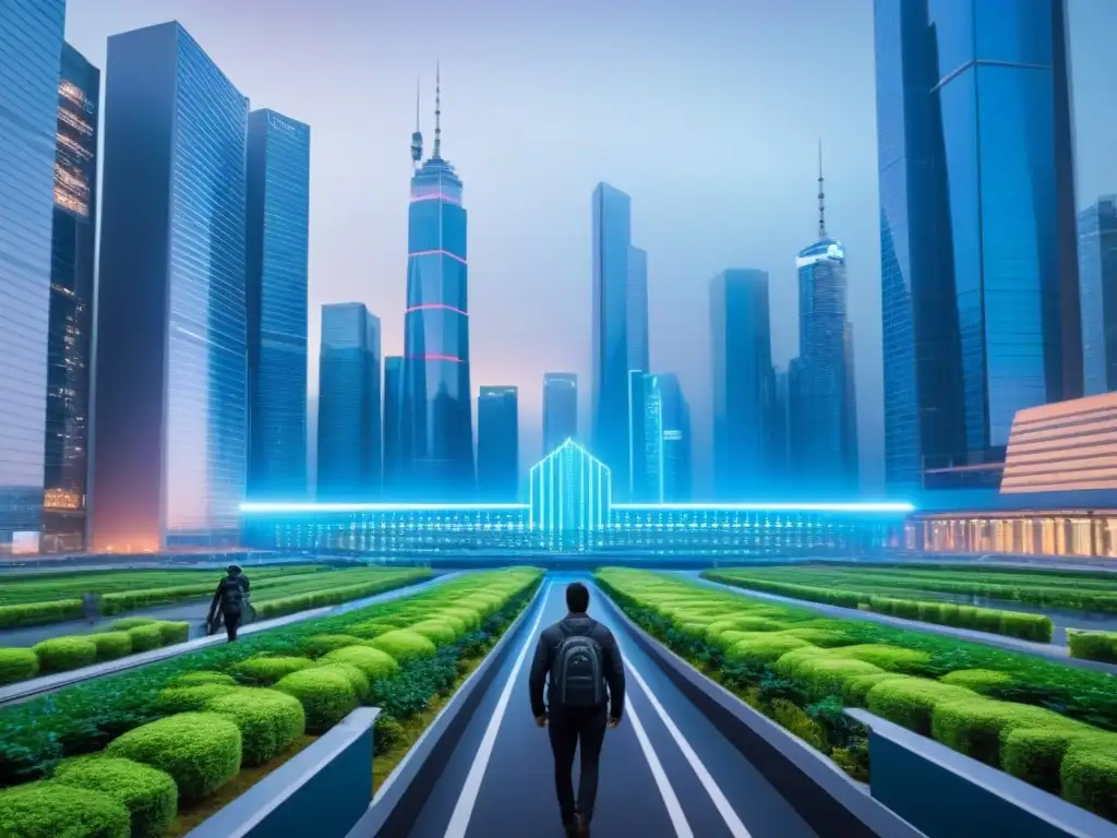 Vista futurista de una ciudad con rascacielos conectados, mostrando gráficos de tasas de interés y drones