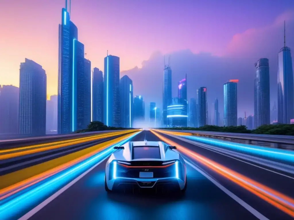 Vista futurista de la ciudad al anochecer con rascacielos, autos voladores y luces de neón, iluminada por gráficos de tendencias flipping propiedades inmobiliarias