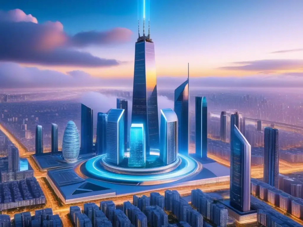 Metrópolis futurista: Integración de Fintech en la industria inmobiliaria Vista futurista de ciudad con rascacielos modernos y tecnología avanzada, simbolizando la integración del financiamiento inmobiliario era Fintech
