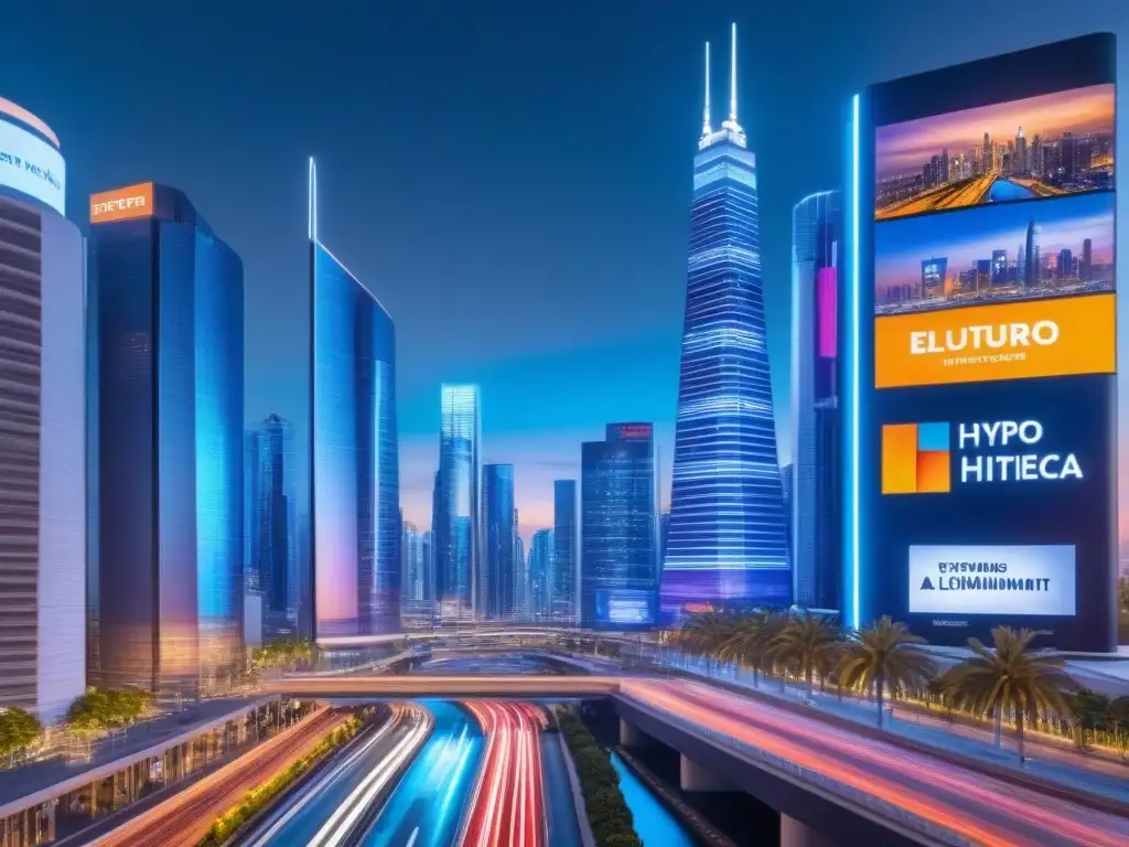 Metrópolis Fintech: Futuro de las Hipotecas en 8K Vista futurista de una ciudad con rascacielos y tecnología avanzada, mostrando datos financieros en tiempo real