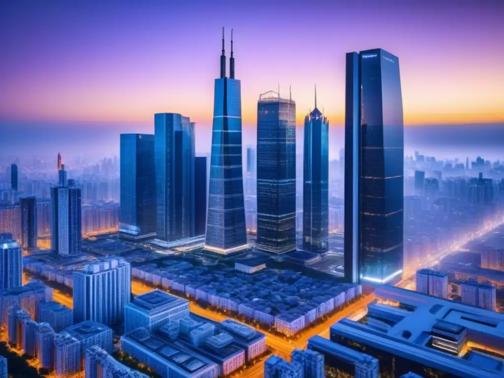 Metropolis futurista con blockchain: inversión inmobiliaria digital Vista futurista de la ciudad al anochecer, con rascacielos modernos y una red de blockchain que conecta edificios en una malla brillante