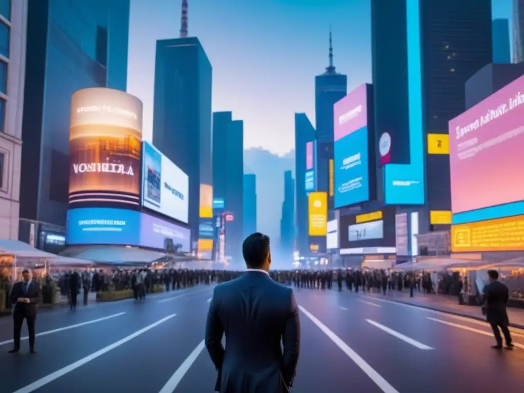 Innovación inmobiliaria: ciudad futurista con tecnología de vanguardia Vista futurista de una ciudad al anochecer, con rascacielos brillantes y carteles digitales mostrando propiedades
