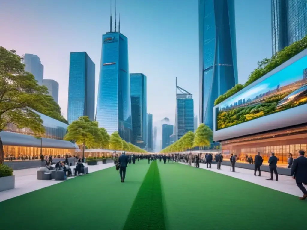 Metrópolis futurista: innovación urbana y tecnología en acción Vista futurista de una ciudad con rascacielos de vidrio y acero, parques verdes y profesionales en una escena urbana digitalizada