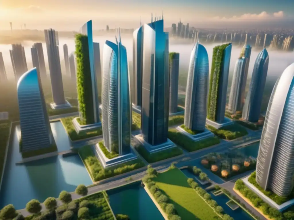 Futurismo sostenible: ciudad verde y tecnológica al atardecer Vista futurista de una ciudad con rascacielos modernos y naturaleza, simbolizando la innovación en el mercado de bienes raíces
