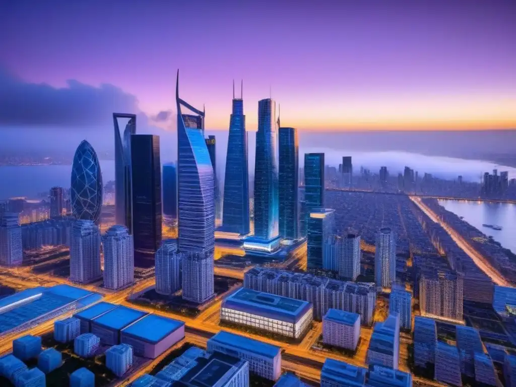 Metrópolis futurista: innovación inmobiliaria en 2023 Vista futurista de la ciudad al anochecer con rascacielos iluminados y sistemas de transporte avanzados, en 2023