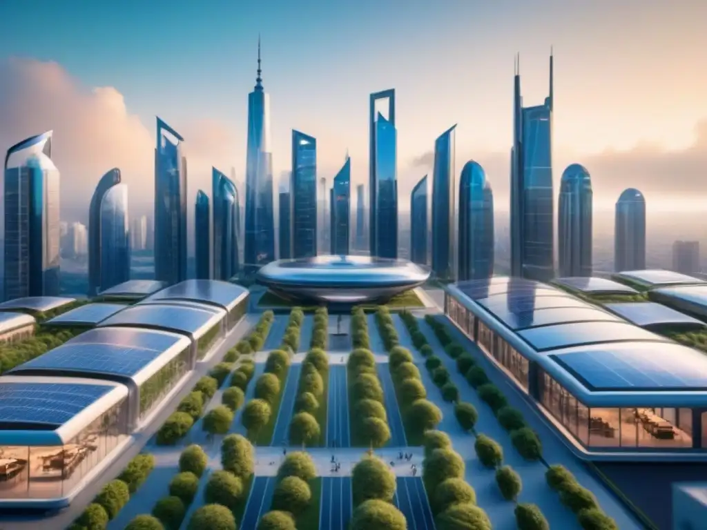 Metrópolis futurista: drones, AR y rascacielos innovadores Vista futurista de una ciudad con rascacielos interconectados y drones, donde se usan gafas AR para navegar