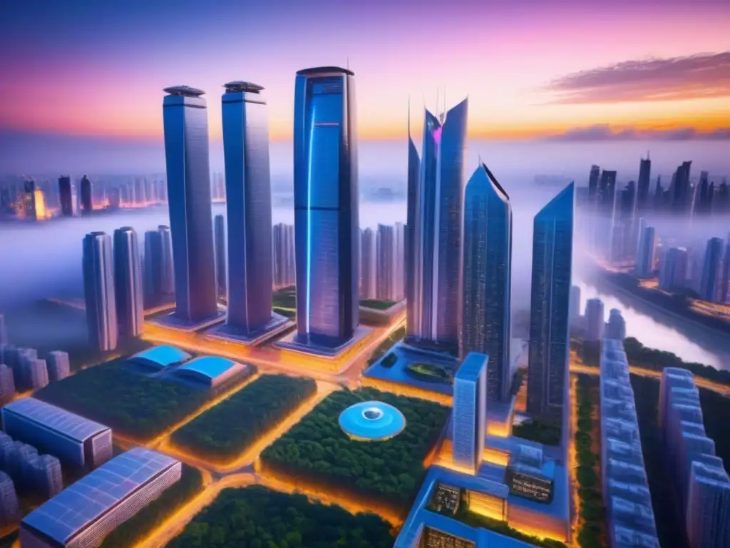 Metrópolis futurista: armonía entre naturaleza y tecnología Vista futurista de una ciudad con rascacielos verdes y tecnología avanzada al anochecer