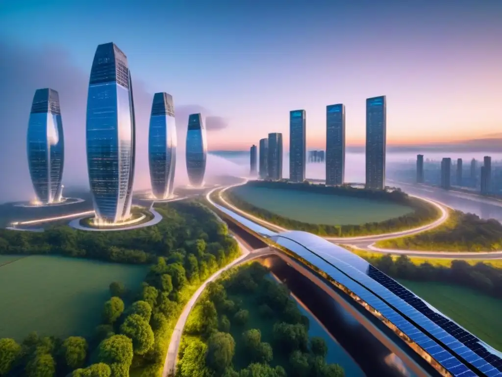 Metrópolis futurista eco-sostenible al anochecer Vista futurista de una ciudad al anochecer con rascacielos sostenibles, iluminación eficiente y vehículos eléctricos en calles