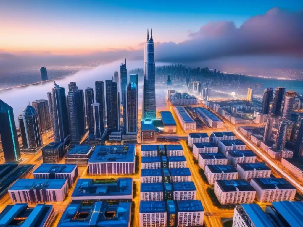Metrópolis futurista con tecnología inteligente en 8k Vista futurista de una ciudad con rascacielos inteligentes, iluminados con luces LED