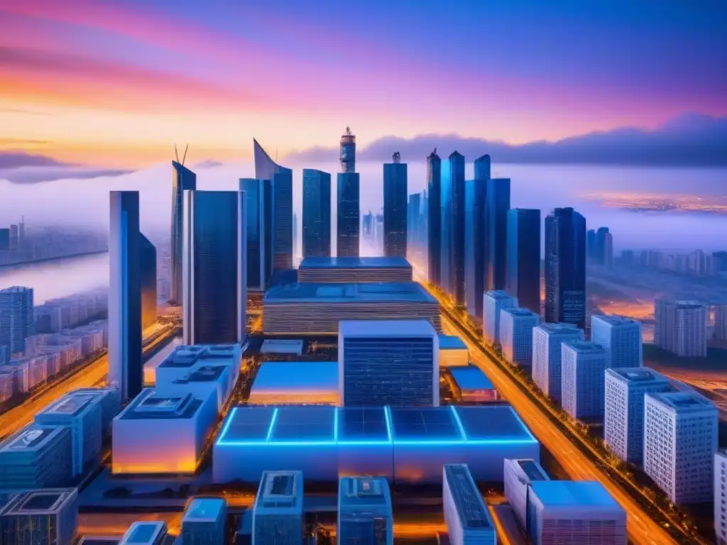 Metrópolis futurista cripto-blockchain al atardecer Vista futurista de la ciudad al anochecer con rascacielos iluminados por criptomonedas y blockchain