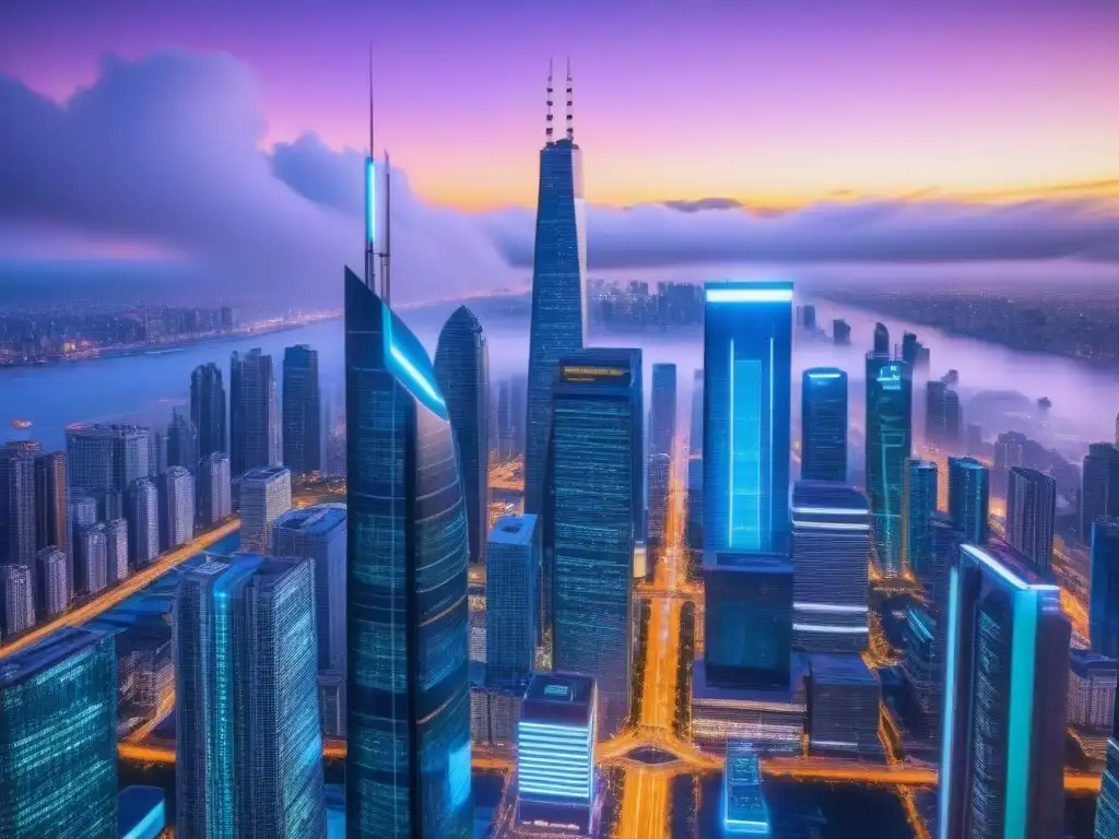 Innovación financiera en metrópolis futurista Vista futurista de la ciudad al anochecer, con rascacielos iluminados y hologramas financieros