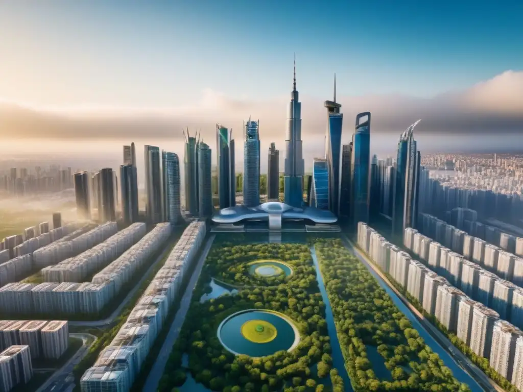 Metrópolis futurista: armonía urbana y naturaleza exuberante Vista futurista de una ciudad con rascacielos y naturaleza, reflejando armonía y potencial en inversión inmobiliaria