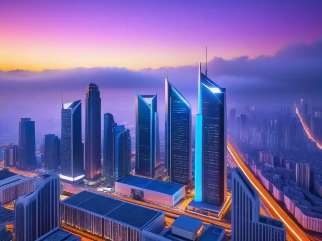 Horizonte futurista: luces y tecnología en inversión inmobiliaria Vista futurista de la ciudad al anochecer con rascacielos brillantes y sistemas de transporte avanzados, iluminada por luces de neón