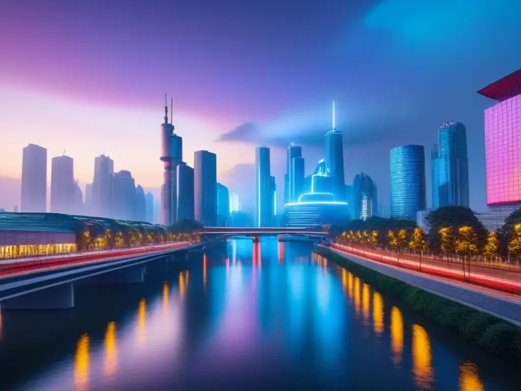 Metrópolis futurista: armonía entre tecnología, ambiente y urbanismo Vista futurista de la ciudad al anochecer con rascacielos iluminados por luces neón, transporte avanzado y arquitectura sostenible