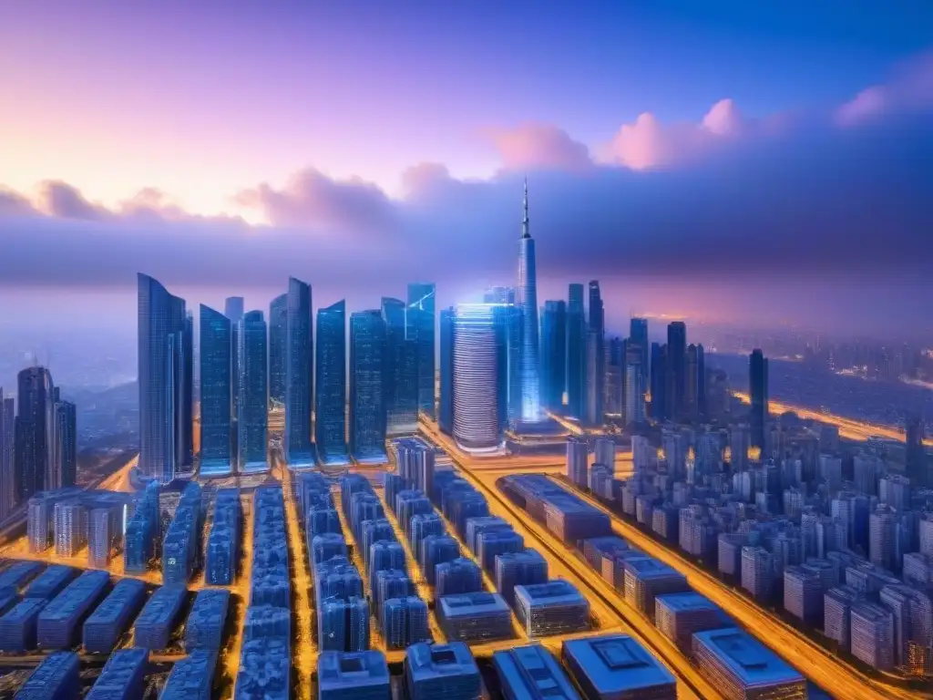 Metrópolis futurista con rascacielos y tecnología avanzada al anochecer Vista futurista de una ciudad al anochecer con rascacielos brillantes y elementos de alta tecnología, iluminada por luces y pantallas digitales