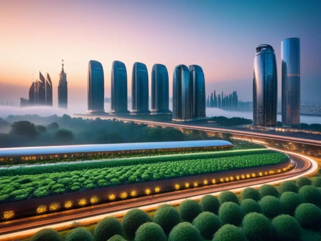 Metrópolis futurista: arquitectura moderna y sostenible en crowdfunding Vista futurista de una ciudad con rascacielos elegantes y diseño sostenible, simbolizando el crowdfunding inmobiliario futuro innovaciones