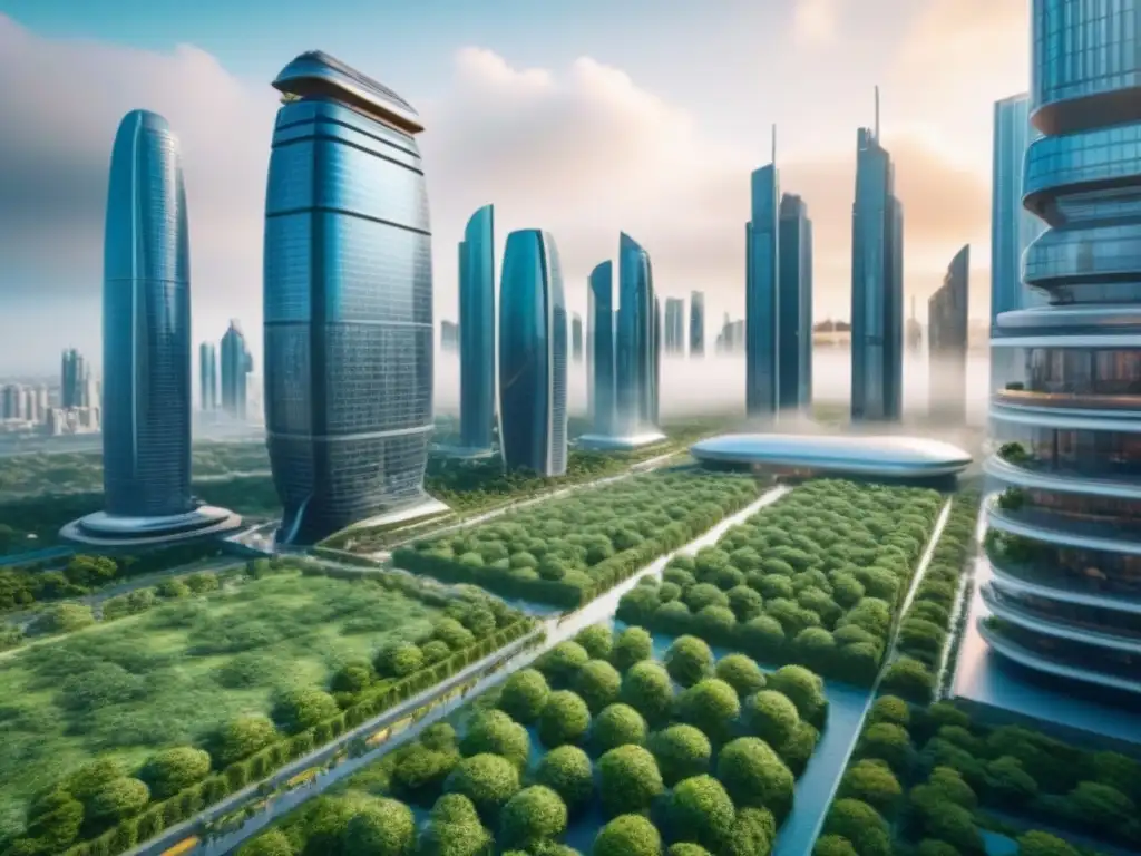 Visión futurista: ciudad sostenible 8k Vista futurista de una ciudad integrando rascacielos, vegetación y tecnología avanzada