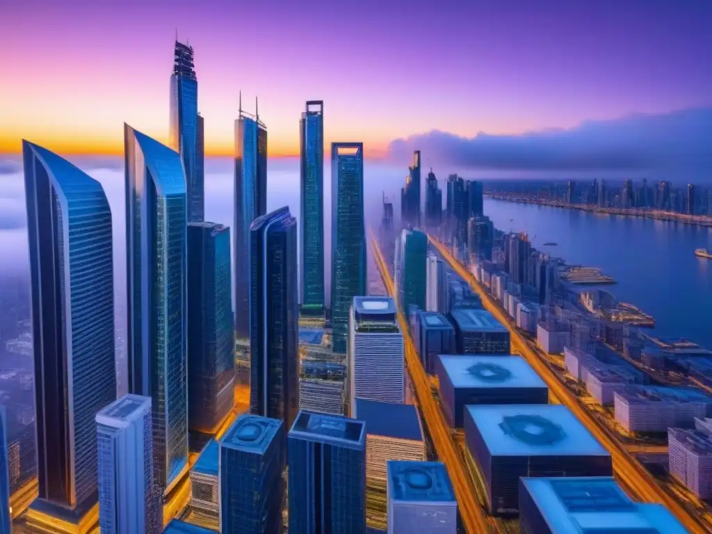 Metrópolis futurista: avanzada tecnología financiera en el atardecer Vista futurista de la ciudad al anochecer, con rascacielos iluminados, transporte avanzado y servicios financieros innovadores