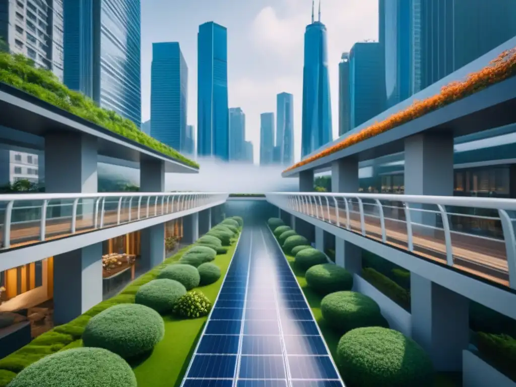 Metrópolis del futuro: innovación y sostenibilidad en el desarrollo urbano Vista futurista de una ciudad con rascacielos, puentes aéreos y tecnología sostenible