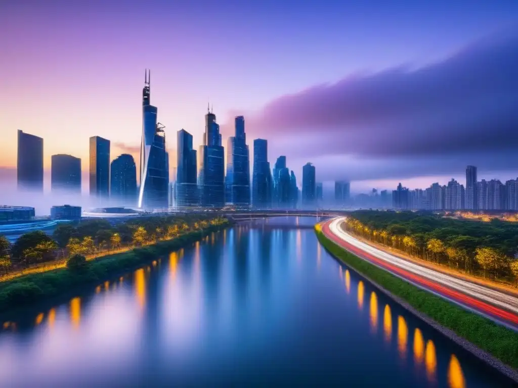 Horizonte futurista: innovación y sostenibilidad en la ciudad del mañana Vista futurista de una ciudad al anochecer, con rascacielos iluminados sobre un río brillante