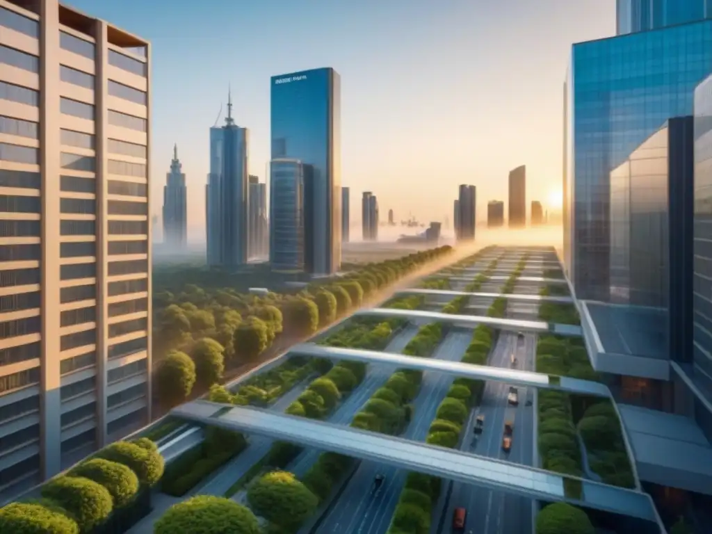 Metrópolis futurista: arquitectura vanguardista en 8k Vista futurista de una ciudad con rascacielos únicos, puentes aéreos y vegetación exuberante al atardecer