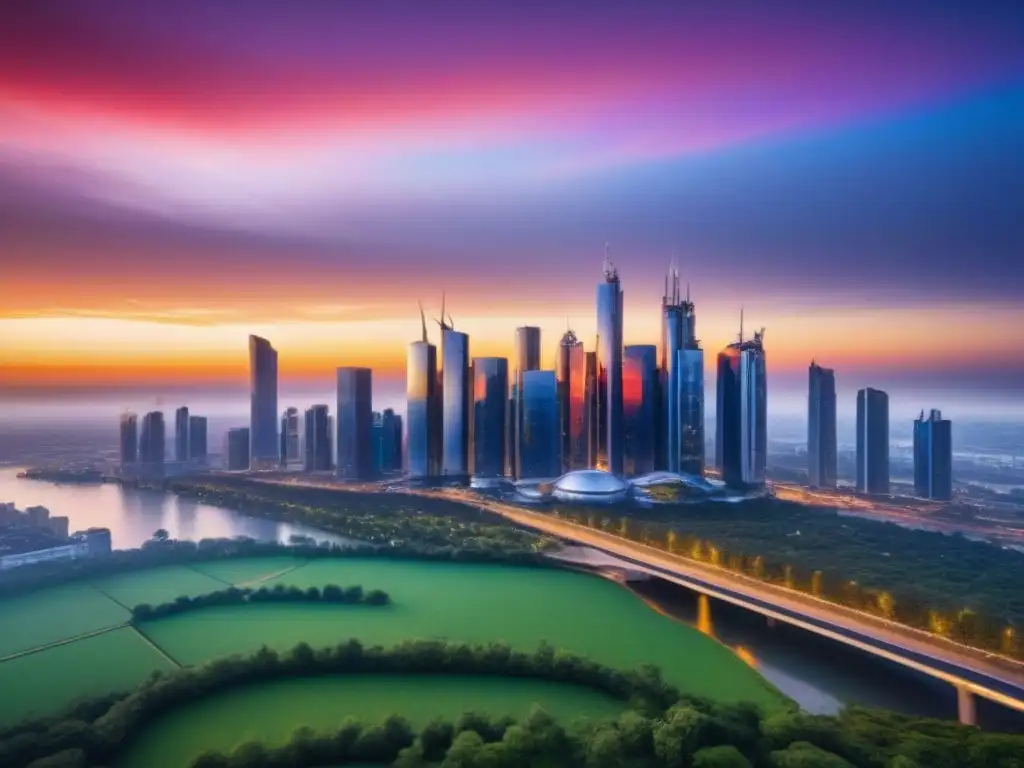 Innovación arquitectónica: ciudad futurista y sostenible al atardecer Vista futurista de la ciudad con rascacielos modernos y tecnología verde, reflejando el atardecer