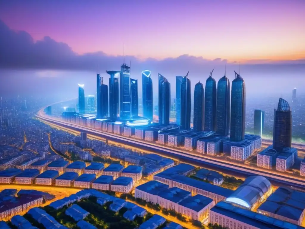 Metrópolis futurista: visión utópica de desarrollo urbano avanzado Vista futurista de una ciudad con rascacielos y sistemas de transporte avanzados, reflejando reformas en impuestos de propiedad inmobiliaria
