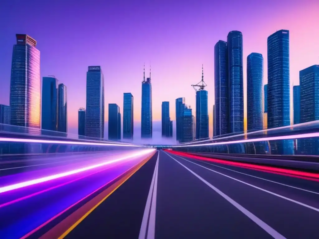 Metrópolis futurista: innovación y progreso en el atardecer púrpura y rosa Vista futurista de una ciudad al anochecer con rascacielos iluminados y autos voladores